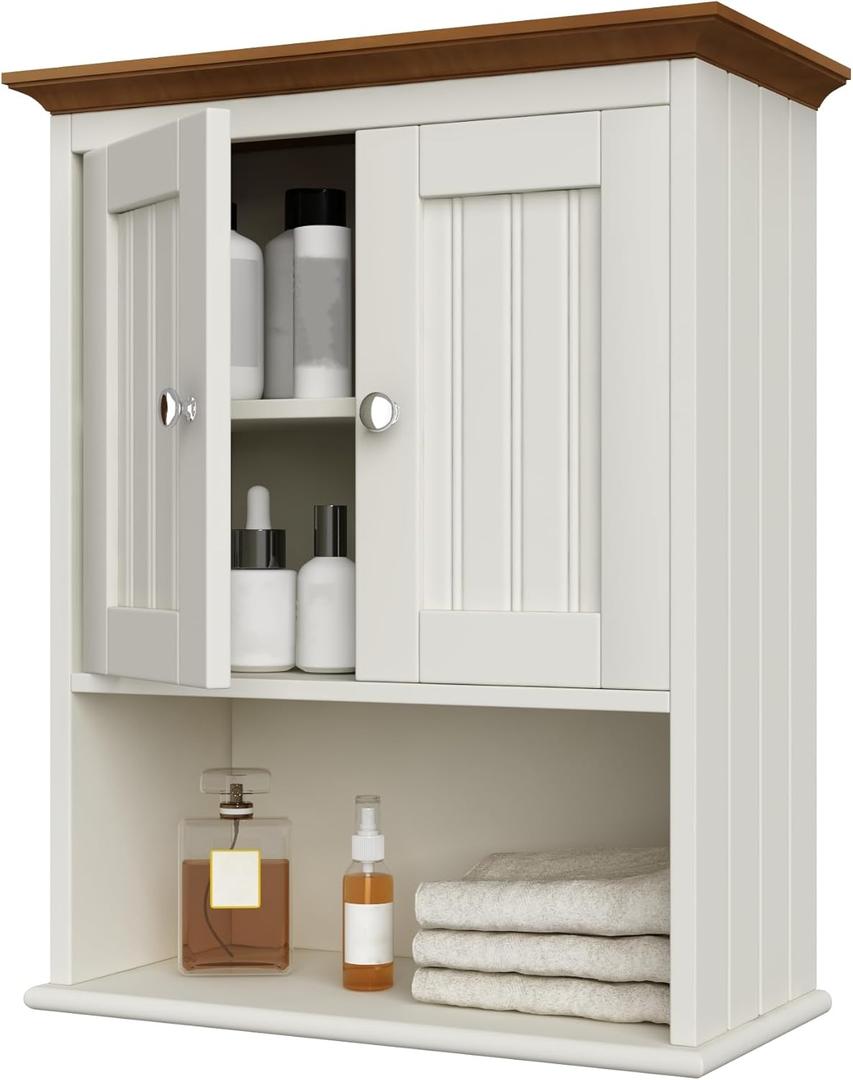 Treocho Wood Wall Cabinet, Bathroom Medicine Cabinet Storage with Doors and Adjustable Shelf, Rustic Cabinet Wall Mounted for Bathroom, Living Room, Kitchen, White & Brown (Farmhouse)