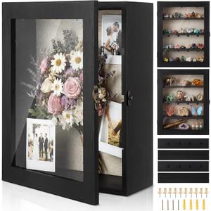 Gerrii Shadow Box Display Case 13 x 16 - Deep 5 Inch Large Wooden Picture Frame with Linen Back, Removable Shelves, Wooden Memory Case for Wedding Bouquets, Photos, Medals & Keepsakes, Black