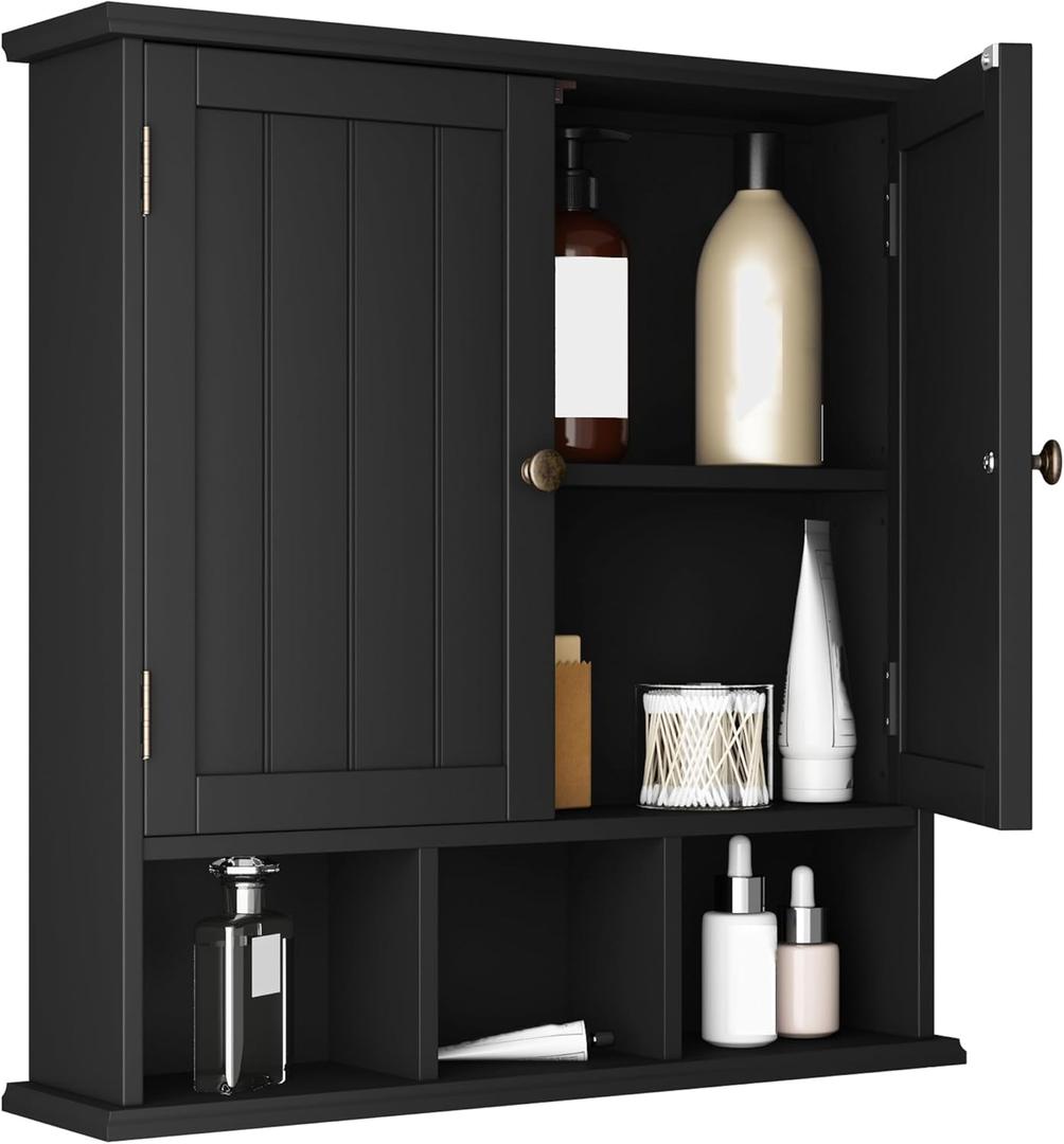 ChooChoo Bathroom Cabinet Wall Mounted 2-Door with 3 Open Shelves， Wooden Medicine Cabinets with Adjustable Shelf，Space Saver Storage Cabinets Over The Toilet for Bathroom&Living Room, Black
