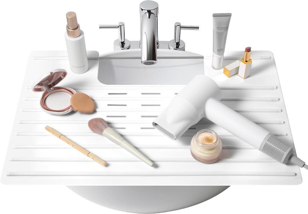 Maplefield Bathroom Sink Cover & Silicone Makeup Mat - White, 22 x 2 x 2 In - Heat Resistant to 400F - Foldable Roll-Up Design with Raised Ridges - Space-Saving Countertop Mat (Large)