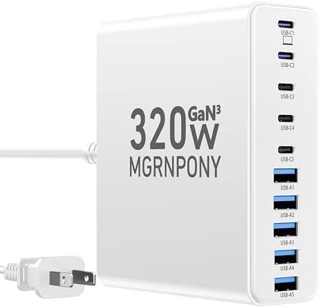 320W USB C Charger Block, 10-Port USB C Charging Station GaN III PD 65W Laptop Fast Charger Adapter for MacBook Pro/Air, DELL, iPad, iPhone, Samsung Galaxy White
