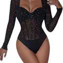 SOLY HUX Women's Mesh Sheer Bodysuit Long Sleeve Sweetheart Neck Rhinestone Sexy Bodysuit Tops S M