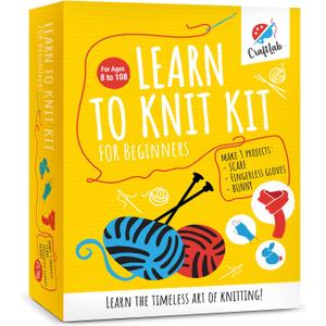 CraftLab Knitting Kit - Beginner Knitting Supplies with Wool Yarn, Needles, Instructions, DIY Gift