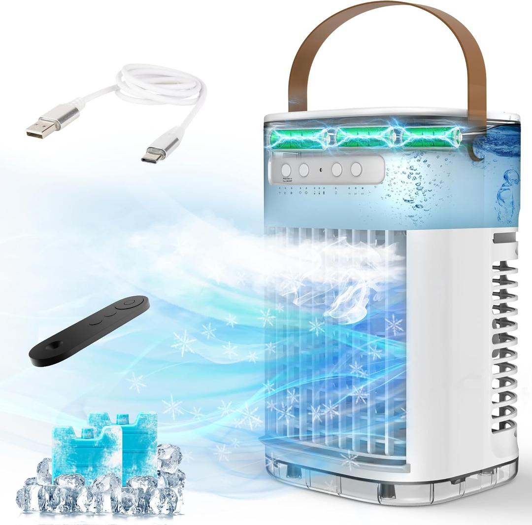 3-IN-1 Portable Air Conditioners, Evaporative Air Cooler w/Remote, 1.2L Water Tank & 2 Ice Packs, 1-7H Timer, 5400mAh Battery With USB Charging, Personal Fan For Desktop Home Office Outdoors
