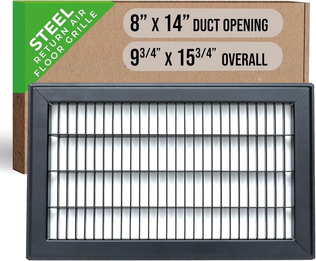 Fits 8x14 and 14x8 Duct Opening | Return Air Floor Grille by Handua | Walkable Vent Cover Grill for Floor | Black | Heavy Duty Fixed Blades | Outer Dimensions: 9.75"W X 17.75"H