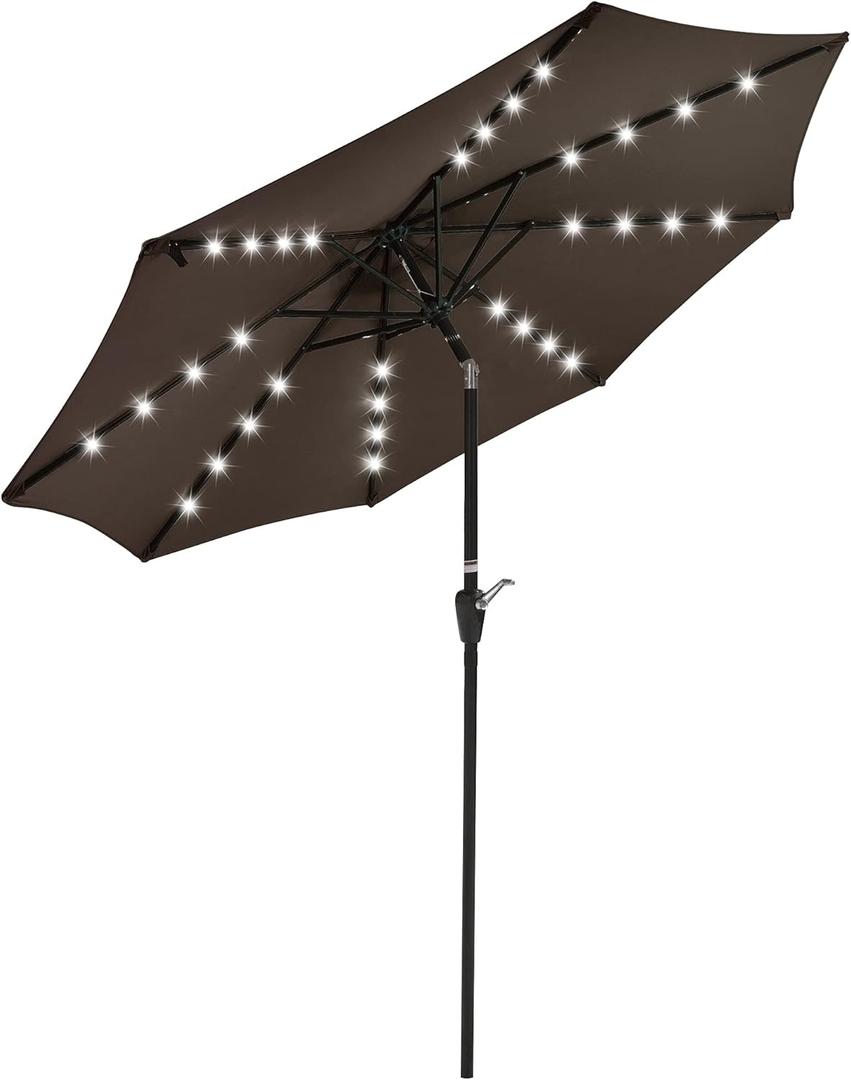 Yescom 9' Outdoor Solar Powered LED Umbrella 8 Ribs w/ 32 Lights for Patio Garden Deck Crank Tilt UV30 Chocolate