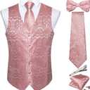 DiBanGu Men's Silk Paisley Vest and Necktie Set 6PCS Pre-tied Bow Tie Formal Waistcoat for Wedding Party (Pink)