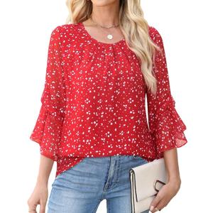 CiCiBird Women Chiffon Floral Blouse 3/4 Ruffle Sleeve Crew Neck Pleated Front Tops Dressy Casual Shirts (Red, M)