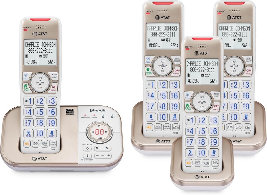 AT&T Cordless Phones for Home with Answering Machine, 4 Handsets DECT 6.0 Bluetooth Expandable, Smart Call Blocking, Caller ID, Intercom and Bluetooth, Connect to Cell, BL31124