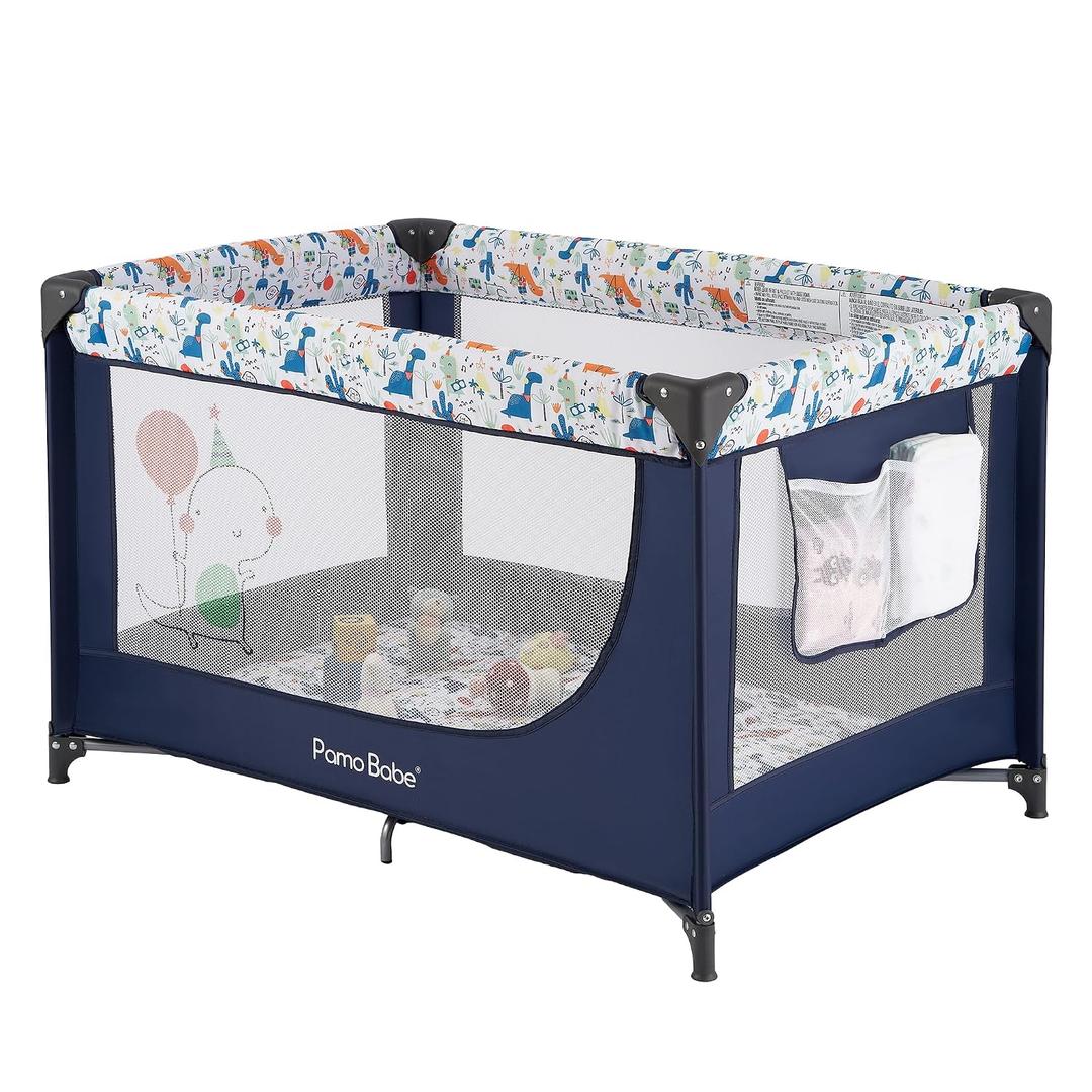 Pamo Babe Compact Pack and Play - Portable Crib for Baby, Lightweight Foldable Travel Playard with Mattress Pad & Carry Bag, Safe Breathable Travel Bed for Home, Trips & Family Visits, Cute Pattern