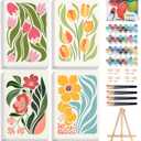 4 Pack Paint by Numbers Kit for Adults with Frame Flower Easy, Framed Paint by Number for Adults Beginner with Wooden Easel, Floral DIY Painting by Numbers Canvas Framed for Home Decor 8 x 12 Inch