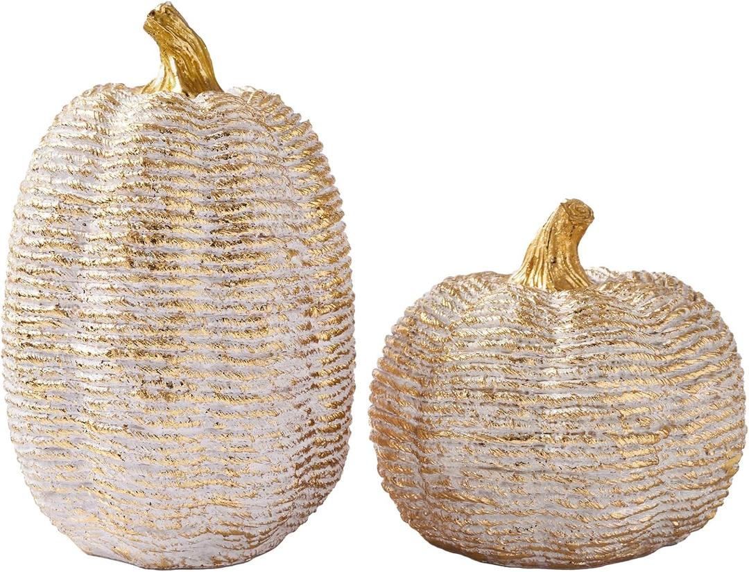 DN DECONATION Fall Pumpkin Decorations Table Centerpieces, 2Pcs White & Gold Artificial Pumpkins Figurines for Autumn Thanksgiving Harvest Indoor Home Decor (Resin with Rope-Wrapped Texture)
