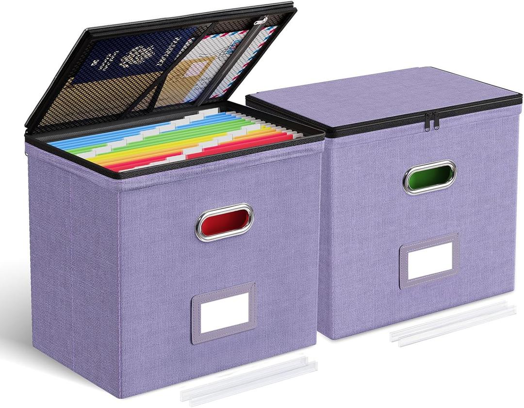 Oterri File Organizer Boxes with Lids, File Box with Mesh Pockets, Document Organizer Box for Letter Size Folders, Zippers Important Document Organizer (Light Purple, Small-2 Pack Without Folders)
