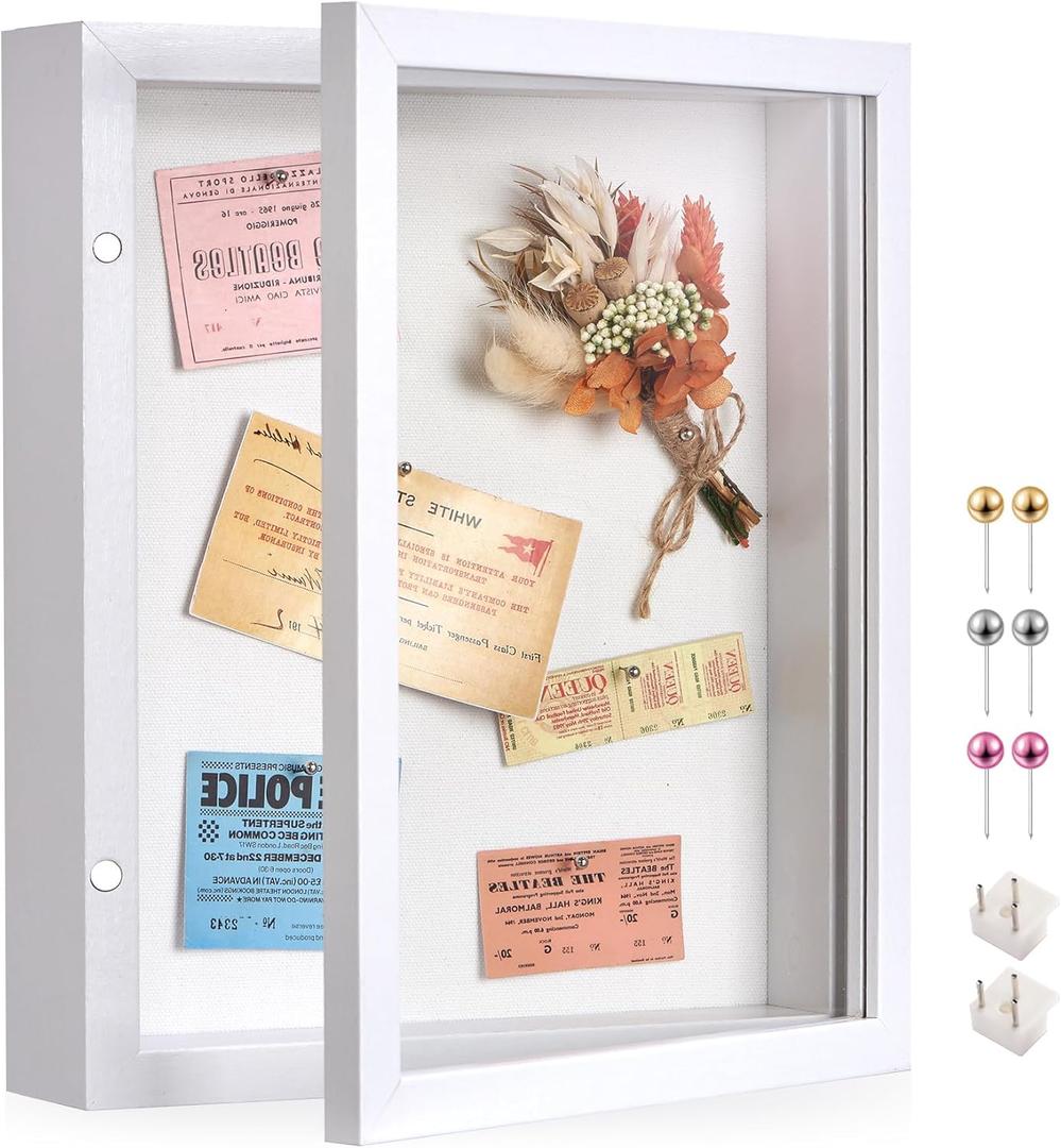 8x10 Deep Shadow Box Picture Frame Display Case with Linen Back and Stand,Real Glass White Shadow Memory Box Frame 8x10 for Flower Baby Pet Wedding Photo Art Craft Memorial Wall Decor Gift