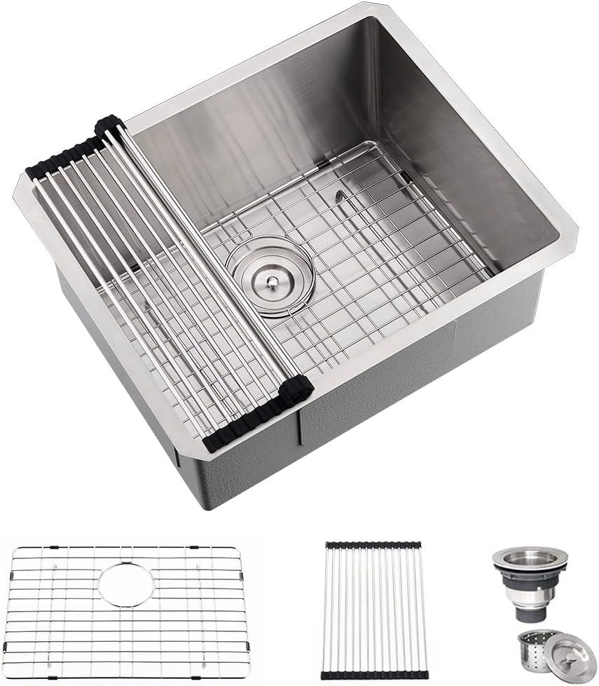 24 Inch Undermount Laundry Sink-Hovheir 24x19x12 Inch Stainless Steel Utility Sink 16 Gauge Stainless Steel Undermount Single Bowl Deep Laundry Room Sinks Outdoor with Bottom Grid (Brushed Nickel)