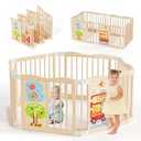 Foldable Wooden Playpen - Adjustable Wood Baby Play Yard with Child-Proof Lock, Indoor Large Safety Fence for Babies and Toddlers - Easy Assembly, 6 Panels with Sensory Toys