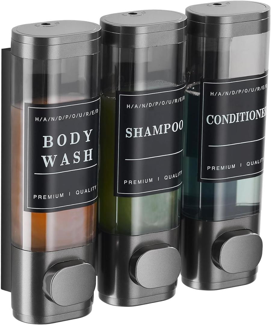 Shower Soap Dispenser Wall Mounted No Drill Shampoo Dispenser for Shower Wall Shampoo and Conditioner Dispenser Bathroom Hotel 3 * 350ml Gungray with Labels