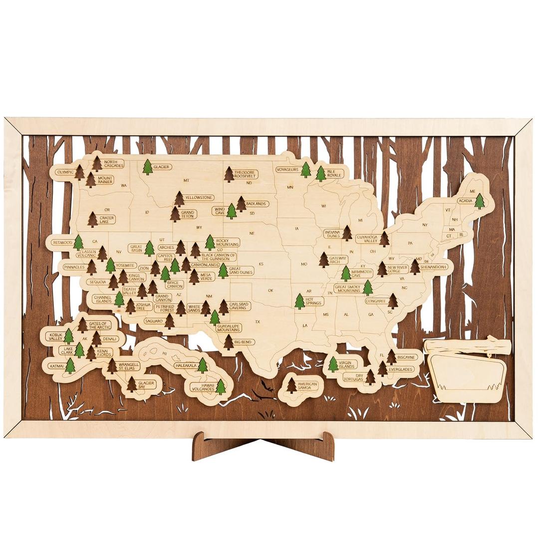 HYPERI US National Parks Map Travel Map, National Park Tracker Checklist, Natural Wall Art, Traveler Gifts for Mom, Dad, Coworker, Christmas Gifts (National Park Map - Wooden Box)