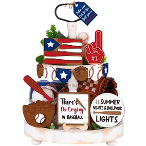 FairySandy 13 Pcs Baseball Tiered Tray Decor Wooden Baseball Table Centerpieces Decor Rustic Wooden Sport Game Sign for Fans Theme Party Supplies