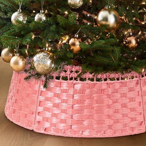 26in Christmas Tree Collar, Natural Woven Rustic & Farmhouse Holiday Decoration, 5-Piece Rattan Tree Skirt Ring Accessory for Xmas Artificial Trees(Pink)
