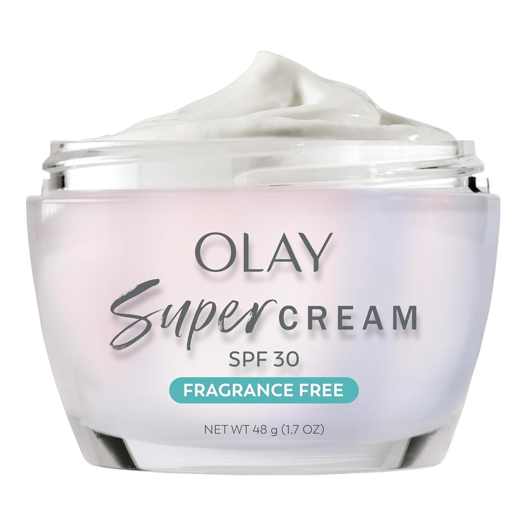 Olay Super Cream with Sunscreen SPF 30, Fragrance Free Lightweight Face Moisturizer with Sun Protection, 5-in-1 Skin Care - Hydrating, Brightening - Niacinamide, Vitamin C, Collagen, 1.7 oz