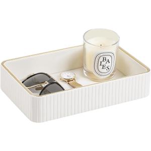Desk Organizer Tray, PU Leather Nightstand Organizer Perfume Valet Tray for Men Women, Decorative Vanity Trays Trinket Dish Key Bowl for Entryway Table (Ivory, Medium)