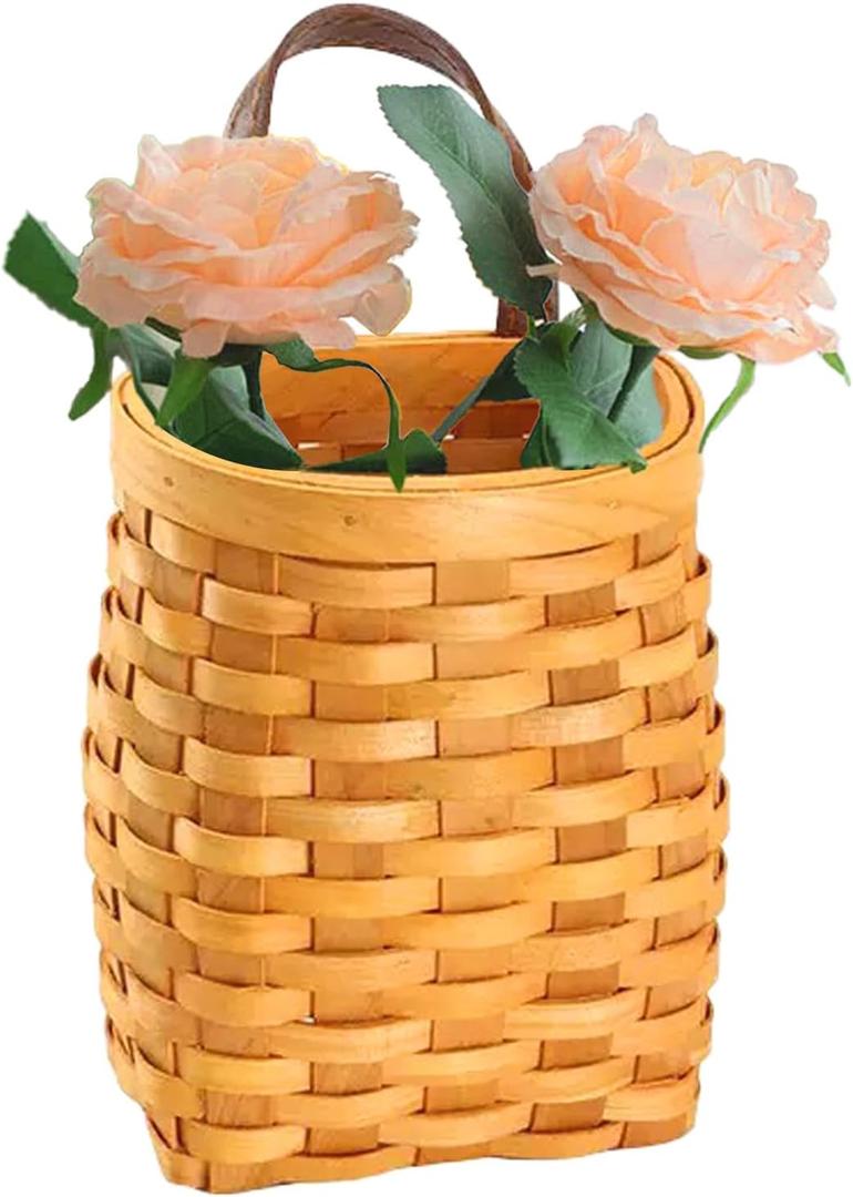 Hanging Wall Basket Wood Woven Basket, Small Hanging Basket for Wall Decor, Decorative Flower Basket for Front Door