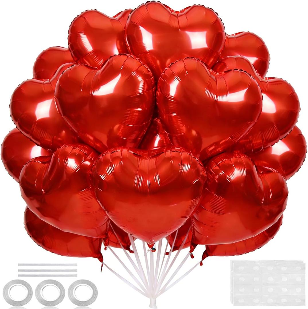 18 Inch Red Heart Balloons, 24 Pcs Valentine's Day Foil Heart Shaped Balloons Decoration for Romantic Valentines Wedding Bridal Shower Anniversary Engagement Valentine's Day Party Supplies