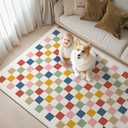 Washable Checkered Rug, 5x7 Colorful Rainbow Checkerboard Modern Foldable Large Area Rugs for Living Room, Low Pile Ultra-Thin Non-Slip Indoor Doormat Carpet for Office Bedroom Playroom Classroom Dorm