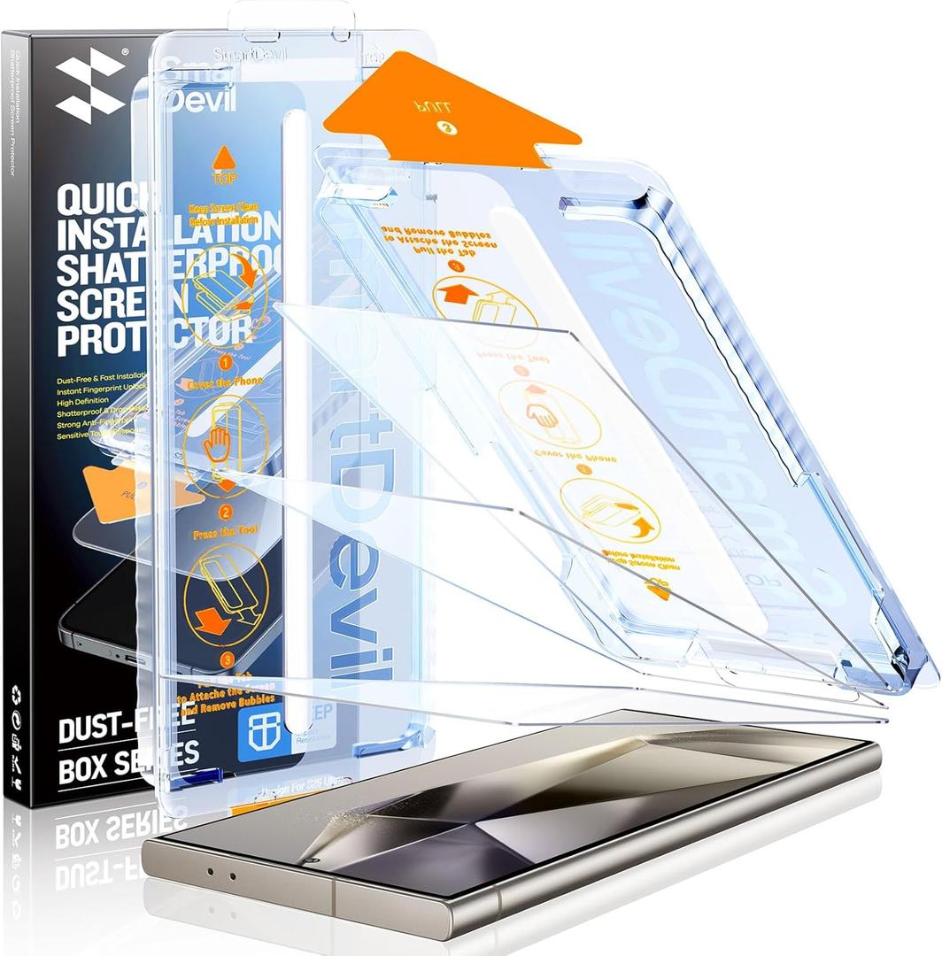 SMARTDEVIL [3 Pack for Samsung Galaxy S24 Ultra Screen Protector, Finger Print Reader Compatible, Fast & Easy Installation, Clear 9H Tempered Glass Film, Alignment Frame [Dust-Free & Bubble-Free]