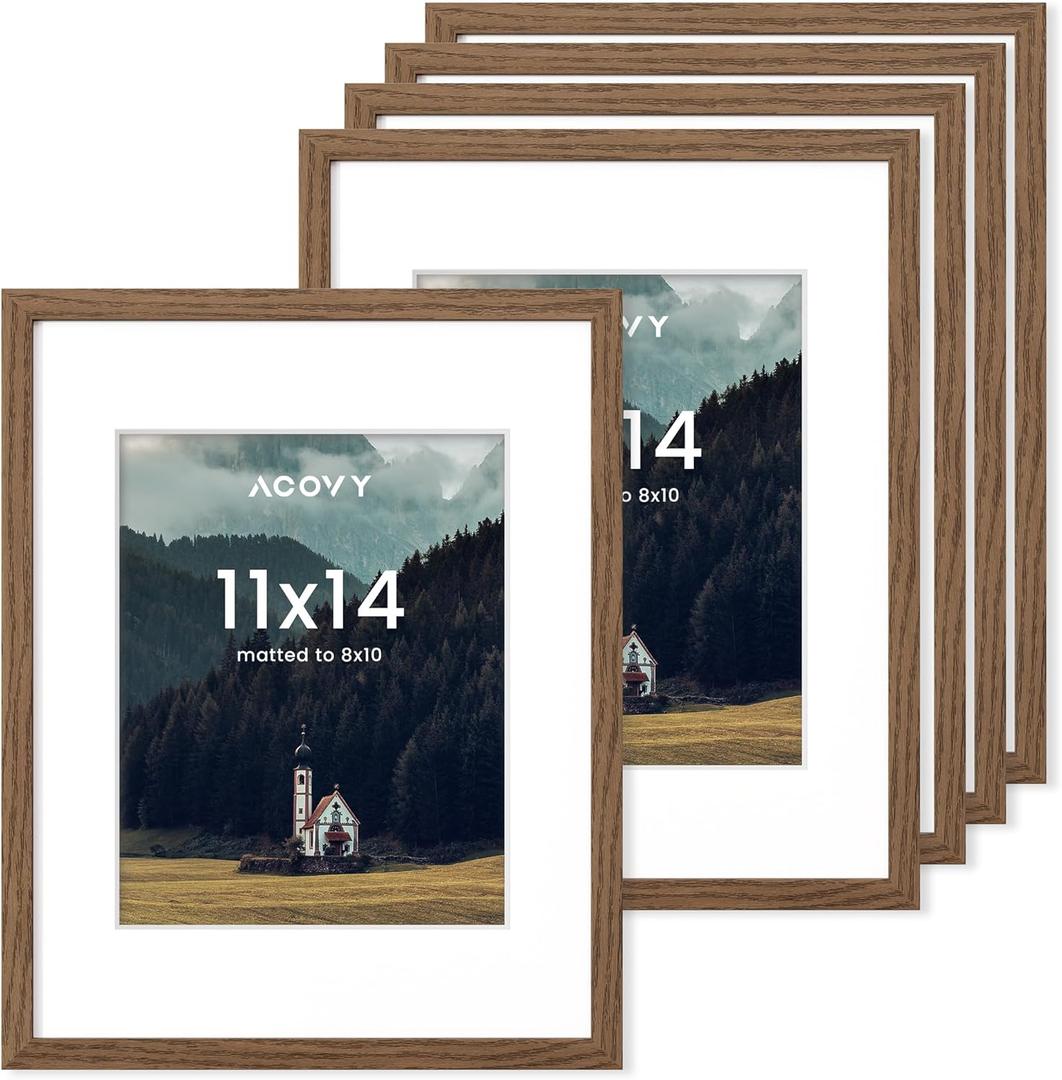 11x14 Picture Frames Set of 5, 11 x 14 Photo Frame with Mat for 8x10 or 11"x14" without Mat, 11x14 Picture Frame with HD Plexiglass, 11 by 14 Picture Frame for Wall or Tabletop Display, Walnut