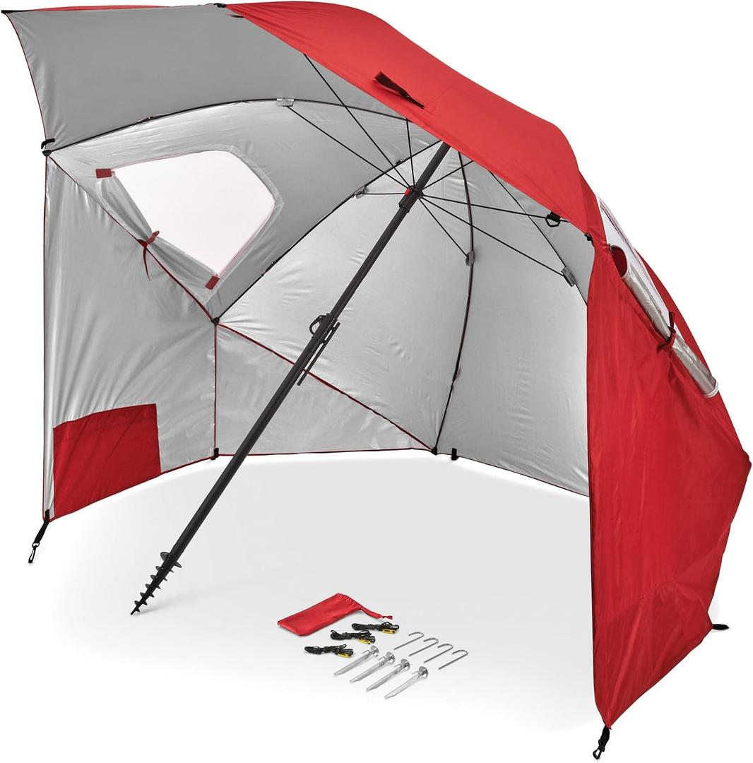 Sport-Brella Premiere XL UPF 50+ Umbrella Shelter with Patented Side Panels, Heavy-Duty 1.25 Inch Center Pole, Auger Anchor for Sand and Grass, 9 Foot Canopy, Cherry Red
