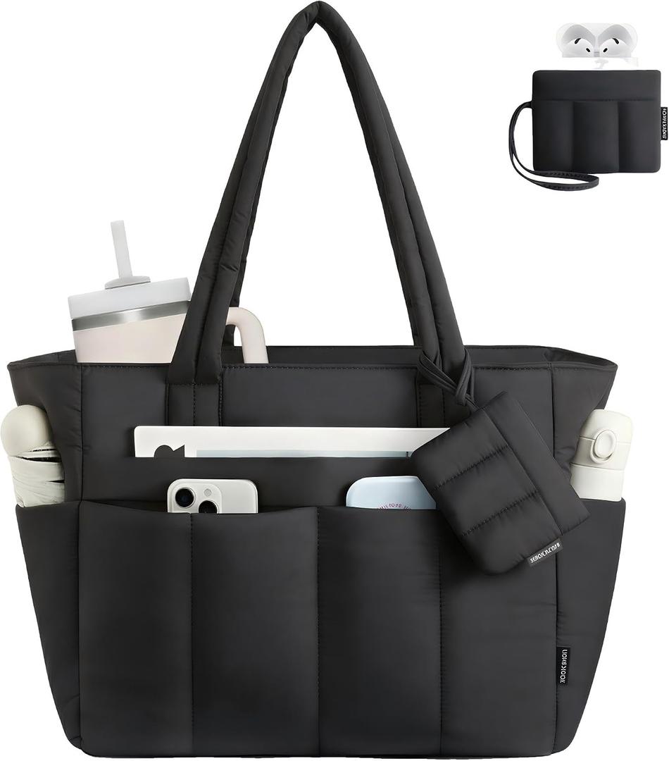 LOVEVOOK Puffer Tote Bag for Women Quilted Work Tote Handbags with Zipper 15.6 inch Teacher Nurse Bags for Office