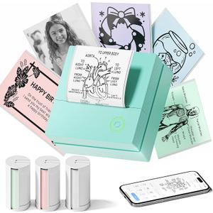 Sticker Printer, PM290 Mini Printer, Bluetooth Sticker Maker Machine with 3 Rolls Paper, Smart AI APP, Portable Print Pod for Study Note, Picture, List, DIY Gifts for School Office Home, Green