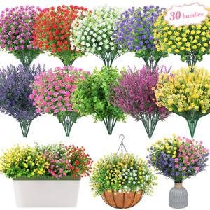 30 Bundles Artificial Flower Set - Realistic Outdoor & Indoor Decor, UV-Resistant, Waterproof, No Fade, 7 Colors - Perfect for Wedding, Patio, Garden, Home Decor (14" Tall)