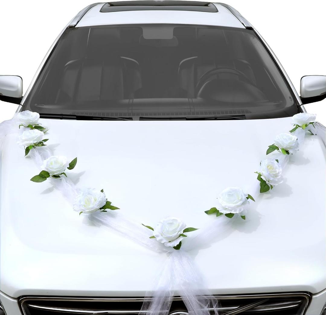 GWHOLE Wedding Car Decorations, 9 White Roses Artificial Flowers Bouquet Ribbon Set with 2 Tulle Ribbons for Wedding Party Just Married Car Decorations