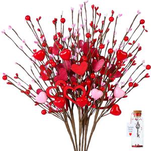 Valentine's Day Gifts, 6PCS Heart-Shaped Berry Picks, 16.5 inches, Artificial Flower, Red, Romantic/Valentine's Day, Flower Stems, Artificial Hearts