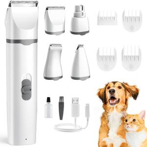Dogs Hair Clippers Grooming Kit with Nail Grinder, 4 in 1 Cordless Electric Trimmer Low Noise USB Pet Clippers for Dogs Cat,Grooming Paws, Eyes, Ears, Face,Matted Hair (Large, Gray)