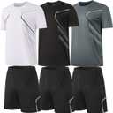 BUYJYA 3 Pack Men's Gym Shorts Shirt Set Workout Athletic Basketball Running Football Elastic Waist with Pocket Gifts (Large, Grey-white-black)