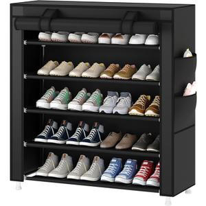 Laiensia 5-Tier Vertical Shoe Rack Organizer, Space Saving Shoe Storage Organizer, Non-Woven Cover Shoe Shelf Holds 20-25 Pairs for Bedroom, Hallway, Closet Entryway, Black
