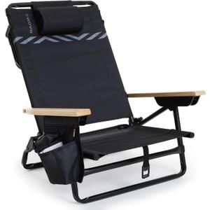 WOVN Premium Reclining Beach Chairs - Portable Lay Flat Folding Beach Chair for Adults - Includes Shoulder Backpack Strap, Pillow, 2 Pockets, and Cup Holder - Black