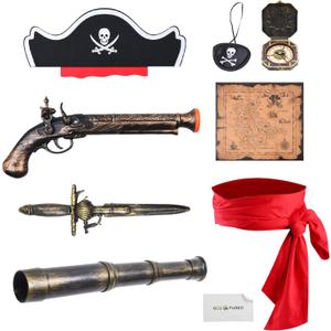 Eco-Fused 8-Piece Pirate Accessories - Cosplay Halloween Decorations - Costume Telescope, Compass, Eye Patch, Plastic Gun, Plastic Sword, Hat, Belt, Map