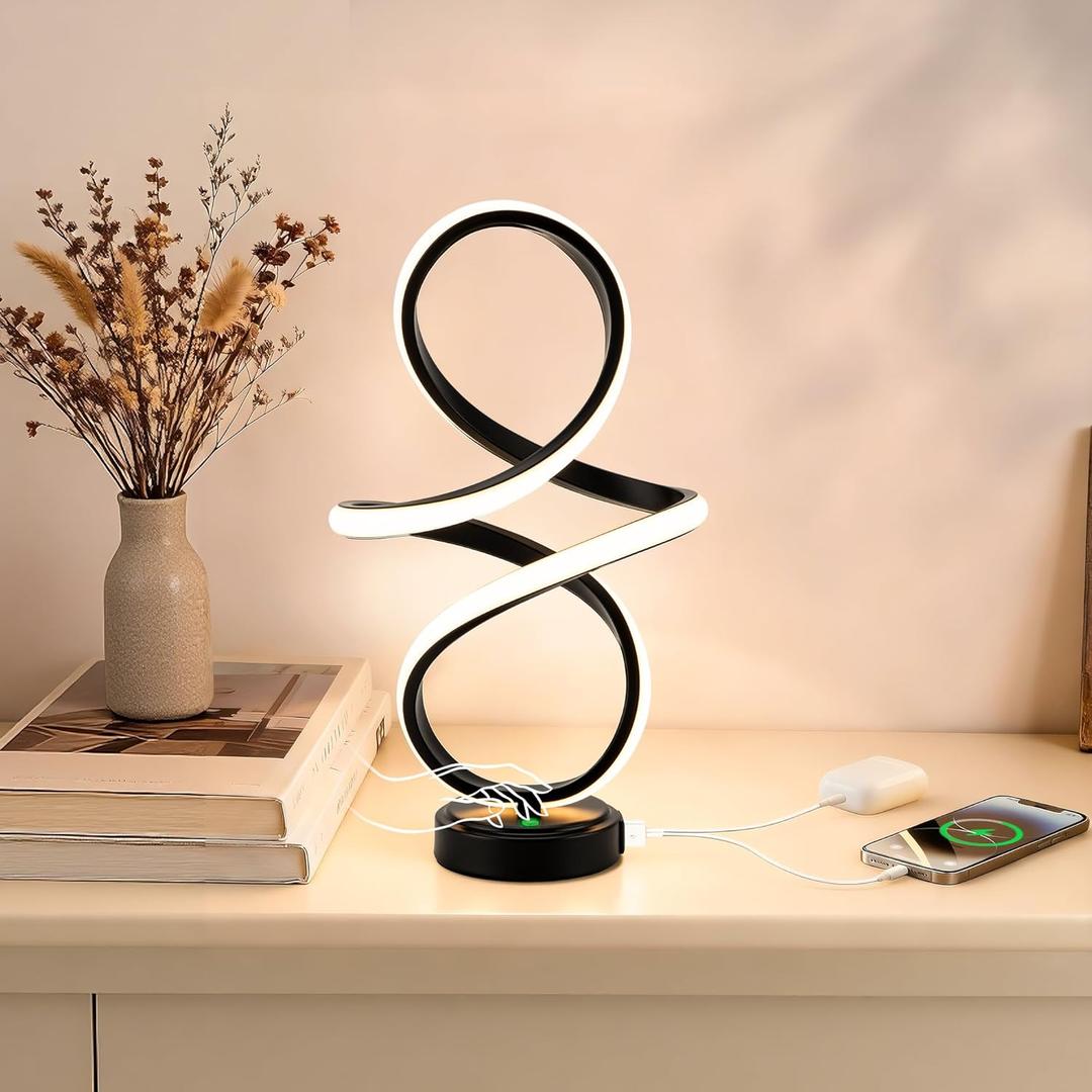 Mayful Modern Spiral Table Lamp, Bedside Lamp with USB C & A Ports, Touch Control Dimmable with 3 Color Temperatures,Unique LED Lamp for Nightstand Bedroom Office Living Room, Black