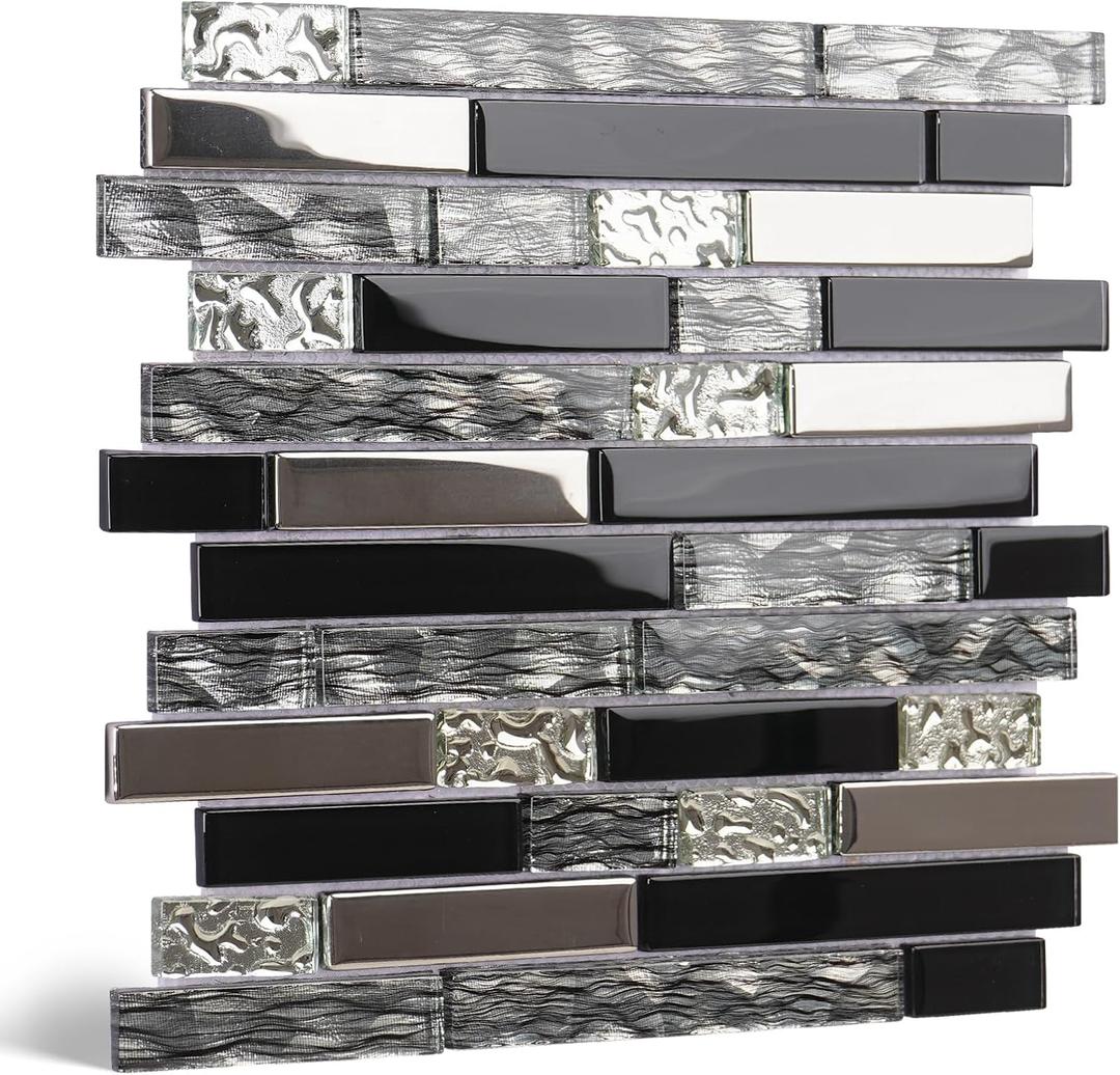 5-Sheet Glass Backsplash Tiles, 5 Square Feet Black Glass Mosaic Backsplash Subway Metal Tile for Kitchen Wall Bathroom