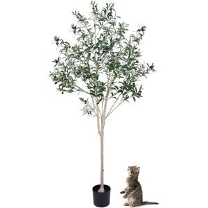 JUSTOYOU Olive Trees Artificial Indoor, 6FT Tall Faux Olive Tree Artificial Plants Potted Tree with Wood Branches and Fruits for Living Room, Bedroom, Office Modern Home Decor