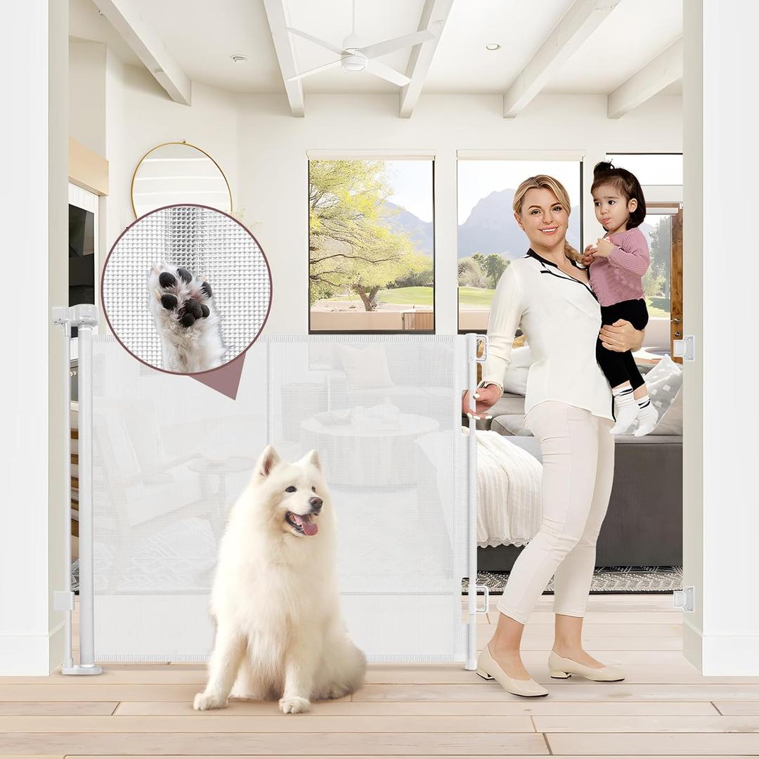 Reinforced 41 Inch Extra Tall Pet Gate 55 Inch Wide Retractable Baby Gates with Support Rods  Prevents Crawling Under, Outdoor Tall Baby Gates for Dogs Indoor Dog Gates for Doorways, White