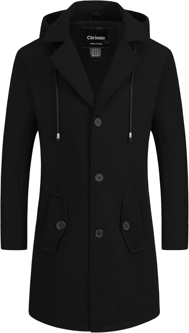 Chrisuno Men's Long Classic Pea Coat Notched Collar Single Breasted Winter Overcoat Slim Fit Trench Coats (X-Large, Black)