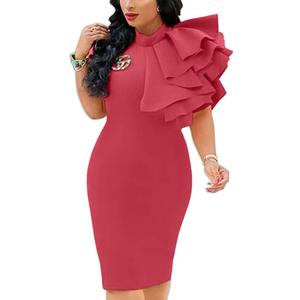 XXTAXN Women's Cocktail Bodycon Ruffle Sleeveless Formal Midi Pencil Dress Rose 2XL