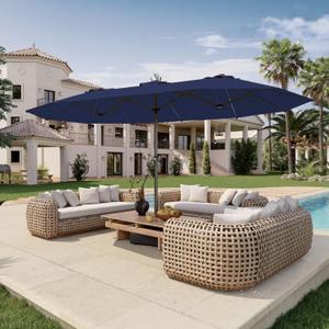 Patio Kingdom 15FT Double Sided Patio Umbrella with Base Included Large Outdoor Market Umbrella with Crank Handle, UV Resistant Canopy, Sturdy Frame for Garden, Poolside, Deck, Navy Blue