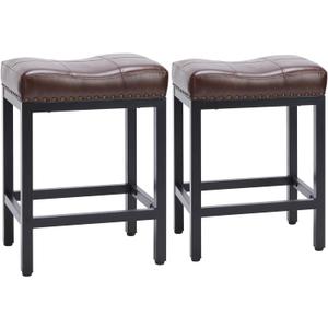 Sweetcrispy Counter Bar Stools Set of 2, 24 Inch Barstools for Kitchen Island, Upholated PU Leather Kitchen Chairs with Thick Saddle Seat & Metal Base and Footrest, Brown